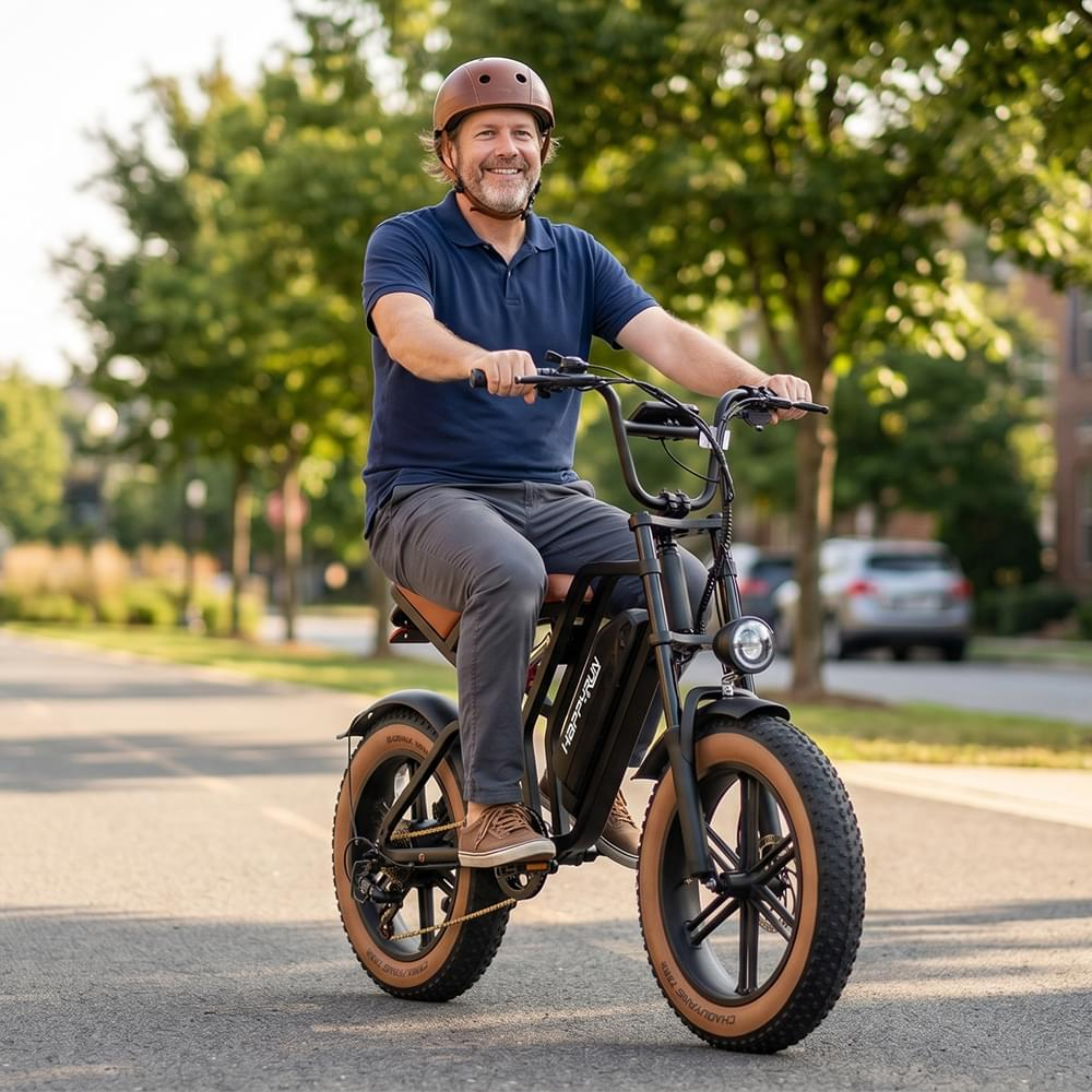 A man riding a Happyrun Tank G60 UL 2849 Certified Electric Dirt Bike on urban area