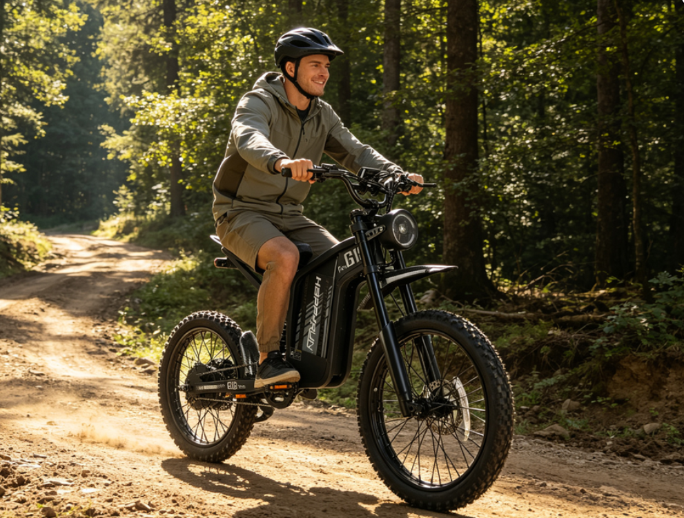 HappyRun G18 Pro off-road electric dirt bike ridden on woodland dirt path