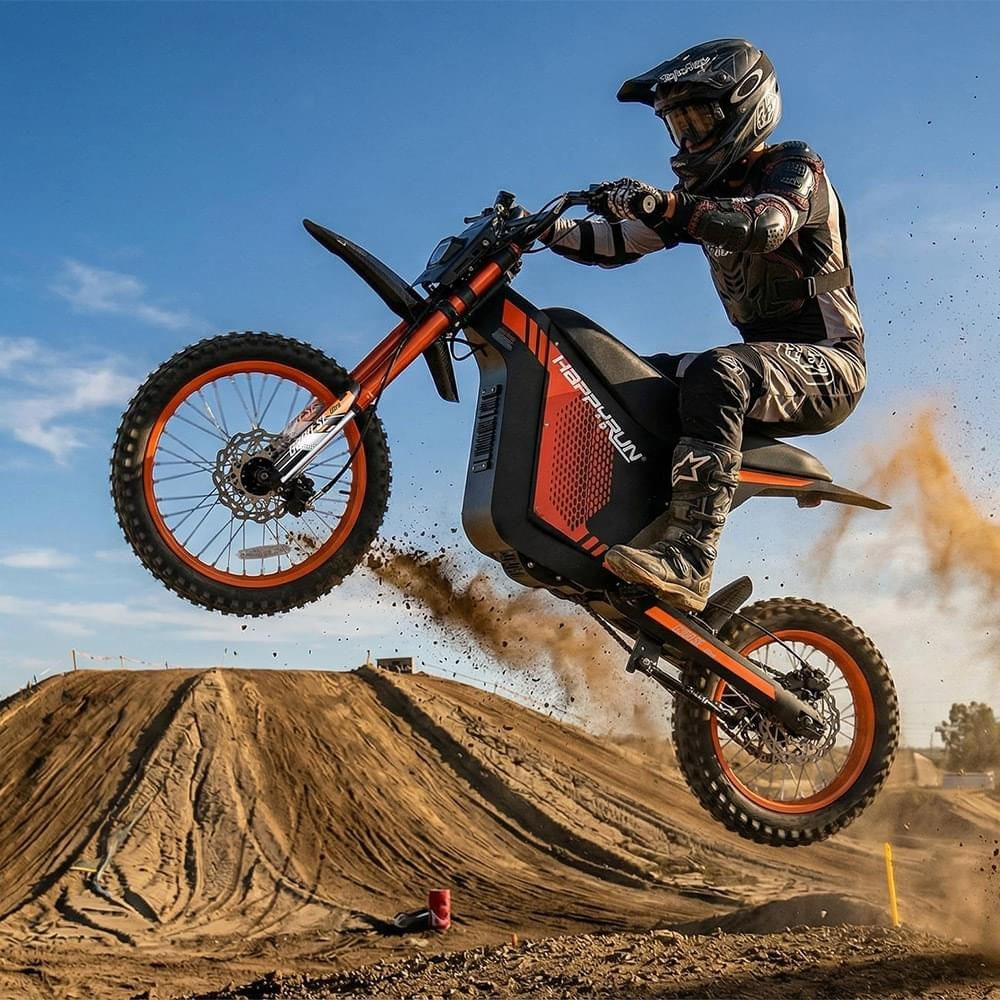 HappyRun G300 SE Ultra electric dirt bike with 6000W peak motor jumping a dirt track berm