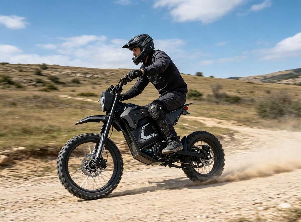 A rider wearing a white helmet performs a dusty turn on a black electric off-road motorcycle outdoors.
