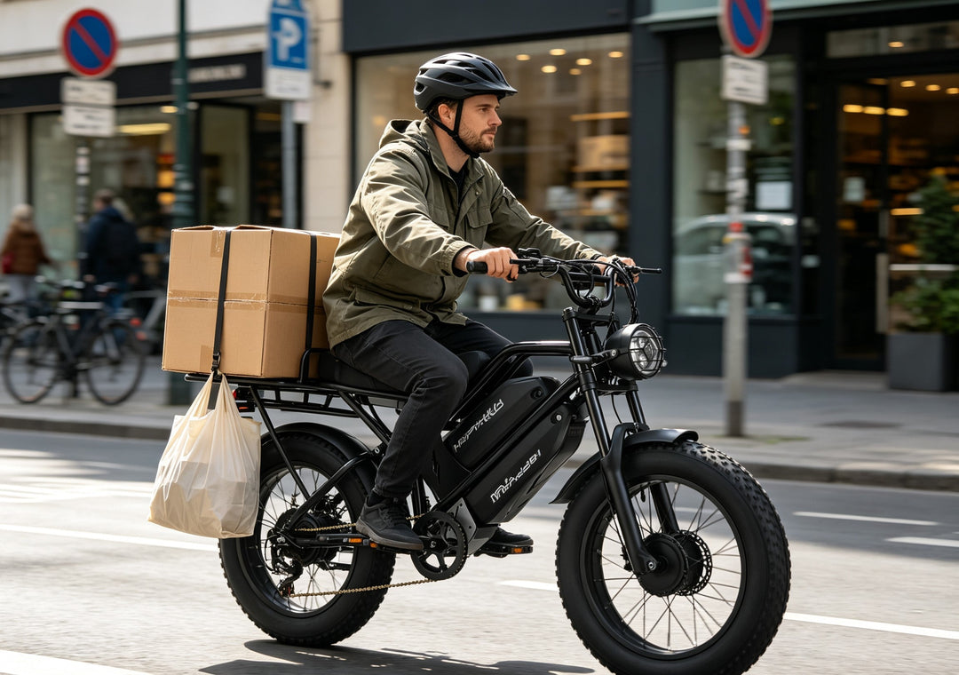 Dual battery electric cargo bike carrying cargo boxes for delivery in an urban setting