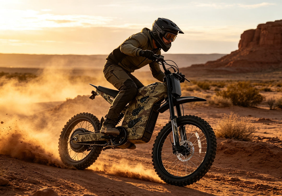 HappyRun G300 Pro electric dirt bike with hydraulic disc brakes braking on desert terrain