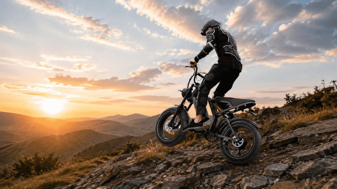 a rider rides a HappyRun Tank G60 pro ebike on the mountains with safety helmet