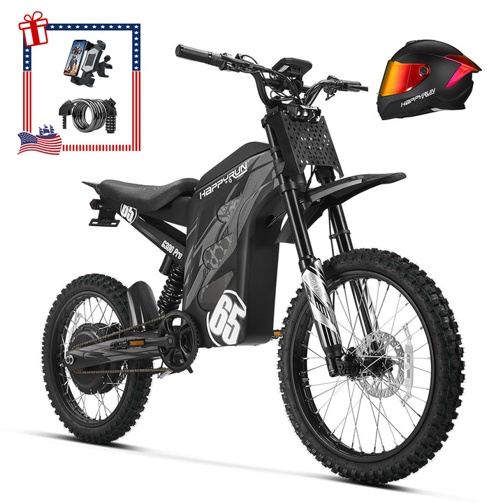 HappyRun G300 Pro electric dirt bike in black with full suspension frame