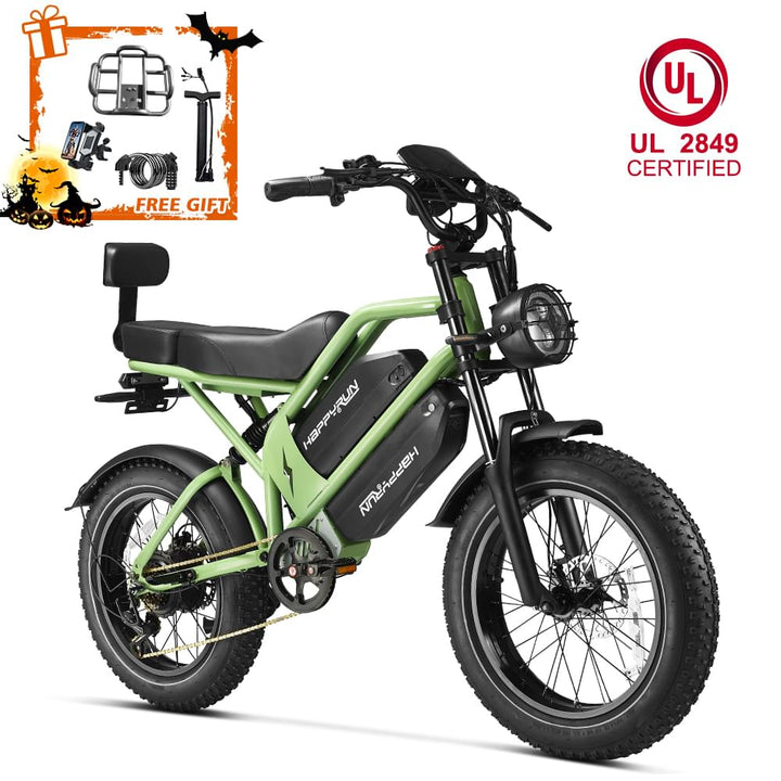 Green HappyRun G70 electric cargo bike with UL 2849 badge and free gift accessory bundle